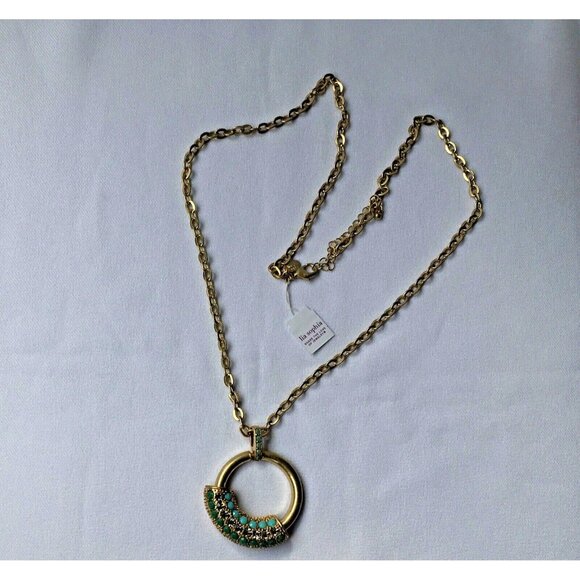 Lia Sophia Gold Tone Circular Sliding Pendant Necklace Turquoise Green Crystal - Picture 3 of 5